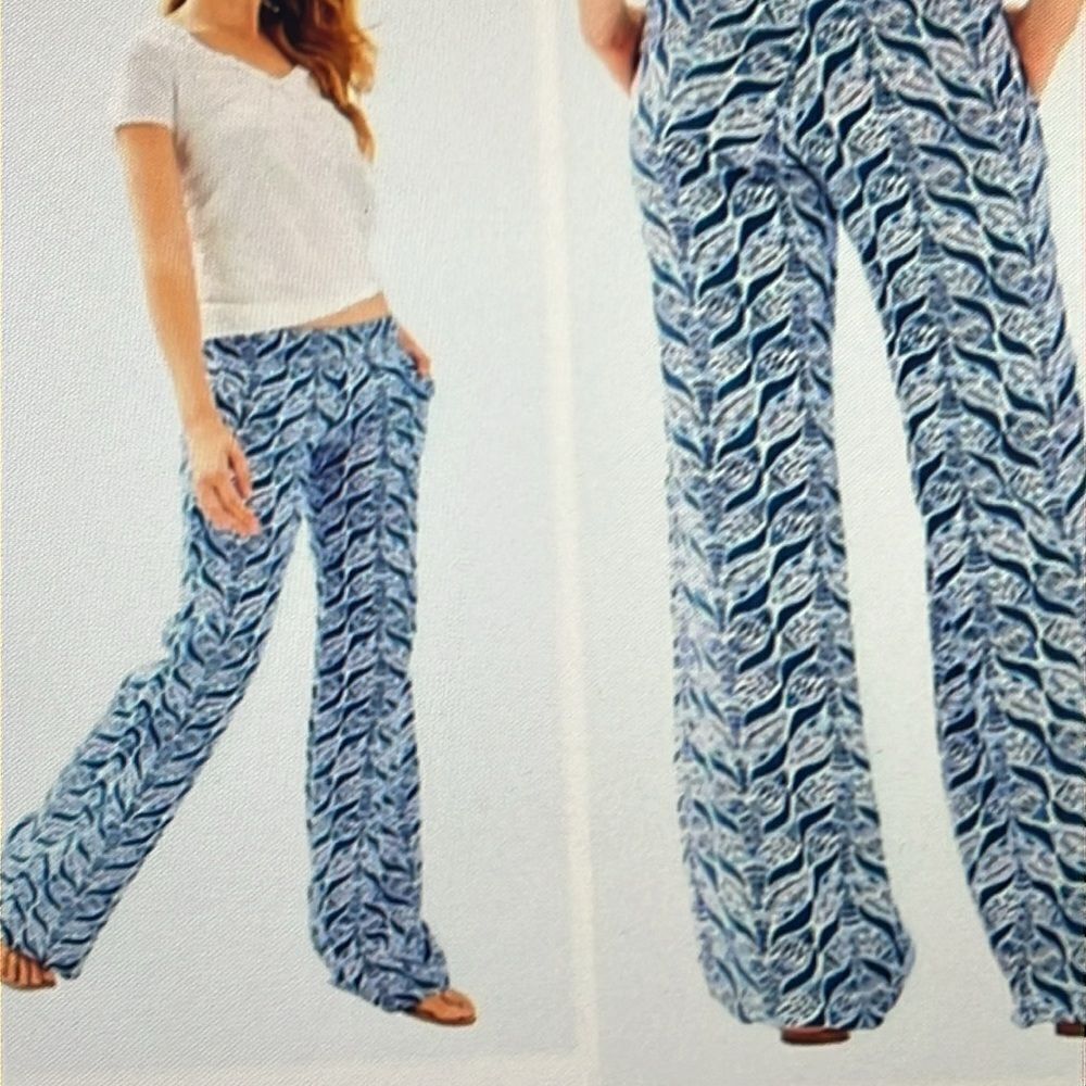 Lilly Pulitzer Mermaid Tail 100% Linen Pants Bal Harbor Size XS Blue White‎